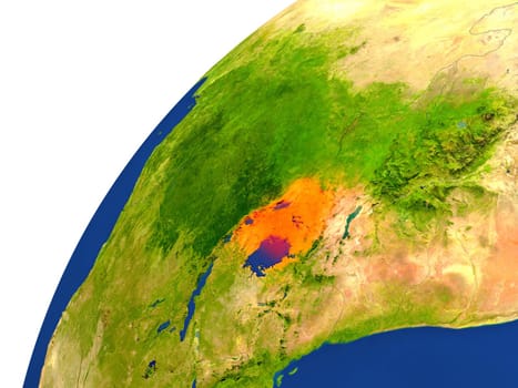 Uganda highlighted in red as seen from Earth's orbit in space. 3D illustration with highly detailed realistic planet surface. Elements of this image furnished by NASA.