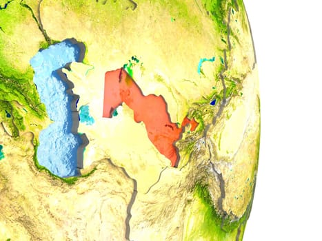 Uzbekistan in red with surrounding region. 3D illustration with highly detailed realistic planet surface. Elements of this image furnished by NASA.