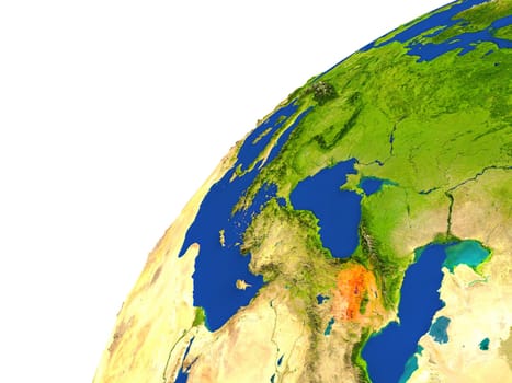 Armenia highlighted in red as seen from Earth's orbit in space. 3D illustration with highly detailed realistic planet surface. Elements of this image furnished by NASA.