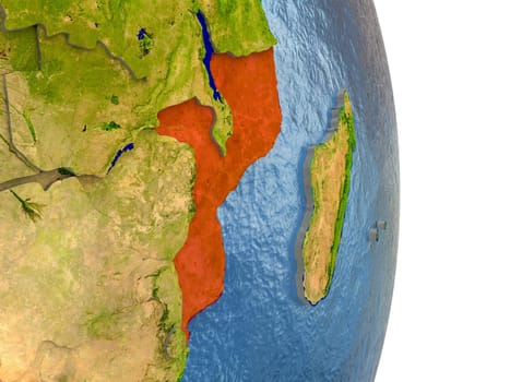 Mozambique in red with surrounding region. 3D illustration with highly detailed realistic planet surface. Elements of this image furnished by NASA.