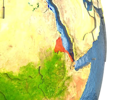Eritrea in red with surrounding region. 3D illustration with highly detailed realistic planet surface. Elements of this image furnished by NASA.