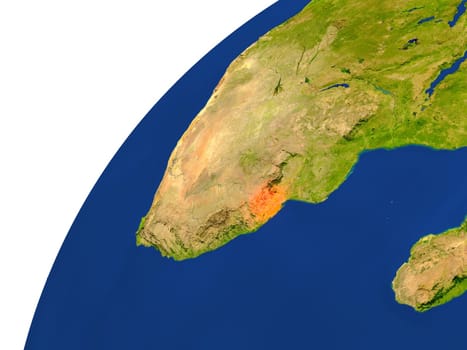 Swaziland highlighted in red as seen from Earth's orbit in space. 3D illustration with highly detailed realistic planet surface. Elements of this image furnished by NASA.
