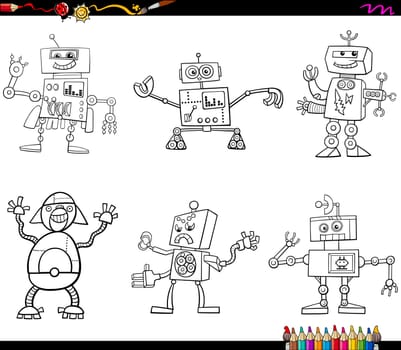 Black and White Cartoon Illustration of Robot Characters Set Coloring Page