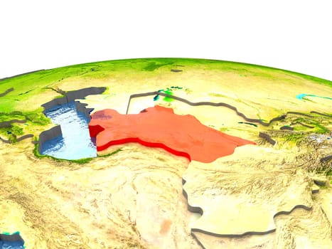 Turkmenistan highlighted in red on globe with surrounding region. 3D illustration with highly detailed realistic planet surface. Elements of this image furnished by NASA.