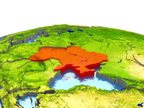 Ukraine highlighted in red on globe with surrounding region. 3D illustration with highly detailed realistic planet surface. Elements of this image furnished by NASA.