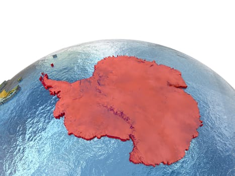 Antarctica highlighted in red on globe with surrounding region. 3D illustration with highly detailed realistic planet surface. Elements of this image furnished by NASA.