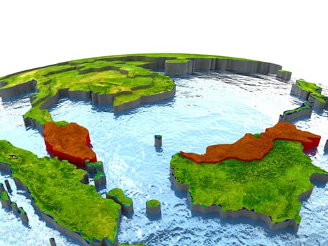 Malaysia highlighted in red on globe with surrounding region. 3D illustration with highly detailed realistic planet surface. Elements of this image furnished by NASA.