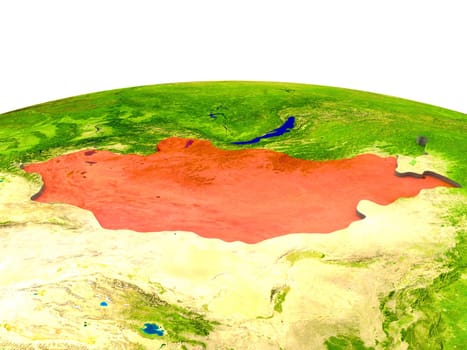 Mongolia highlighted in red on globe with surrounding region. 3D illustration with highly detailed realistic planet surface. Elements of this image furnished by NASA.