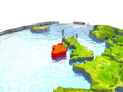 Ireland highlighted in red on globe with surrounding region. 3D illustration with highly detailed realistic planet surface. Elements of this image furnished by NASA.