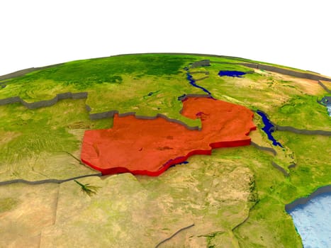 Zambia highlighted in red on globe with surrounding region. 3D illustration with highly detailed realistic planet surface. Elements of this image furnished by NASA.
