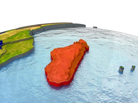 Madagascar highlighted in red on globe with surrounding region. 3D illustration with highly detailed realistic planet surface. Elements of this image furnished by NASA.