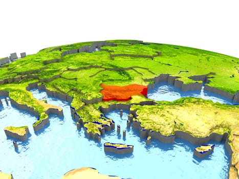 Bulgaria highlighted in red on globe with surrounding region. 3D illustration with highly detailed realistic planet surface. Elements of this image furnished by NASA.