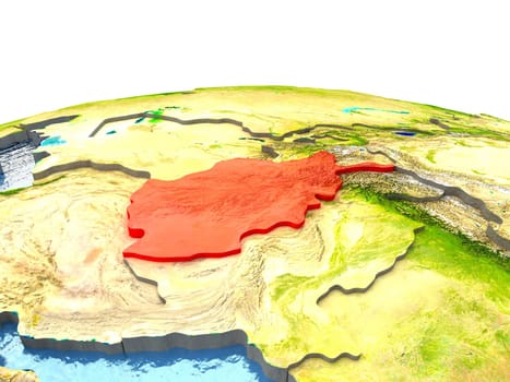 Afghanistan highlighted in red on globe with surrounding region. 3D illustration with highly detailed realistic planet surface. Elements of this image furnished by NASA.