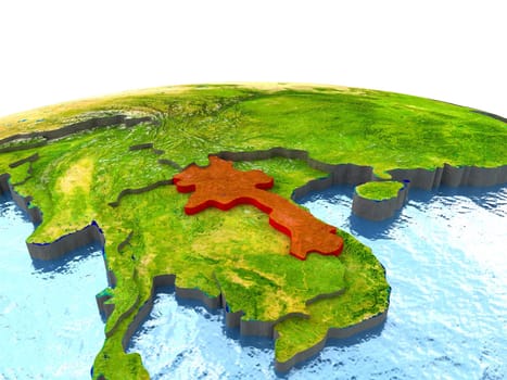 Laos highlighted in red on globe with surrounding region. 3D illustration with highly detailed realistic planet surface. Elements of this image furnished by NASA.