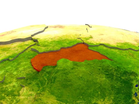 Central Africa highlighted in red on globe with surrounding region. 3D illustration with highly detailed realistic planet surface. Elements of this image furnished by NASA.