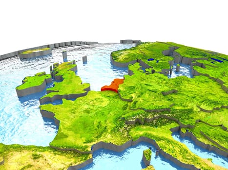 Netherlands highlighted in red on globe with surrounding region. 3D illustration with highly detailed realistic planet surface. Elements of this image furnished by NASA.
