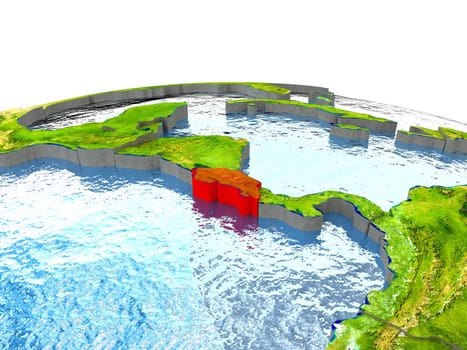 Costa Rica highlighted in red on globe with surrounding region. 3D illustration with highly detailed realistic planet surface. Elements of this image furnished by NASA.
