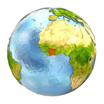 Ivory Coast highlighted in red on Earth. 3D illustration with highly detailed realistic planet surface isolated on white background. Elements of this image furnished by NASA.
