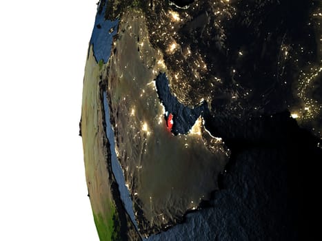 Qatar highlighted in red on Earth as seen from Earth's orbit in space during sunset. 3D illustration with highly detailed realistic planet surface. Elements of this image furnished by NASA.