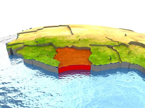 Ivory Coast highlighted in red on globe with surrounding region. 3D illustration with highly detailed realistic planet surface. Elements of this image furnished by NASA.