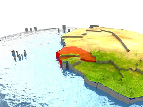 Senegal highlighted in red on globe with surrounding region. 3D illustration with highly detailed realistic planet surface. Elements of this image furnished by NASA.