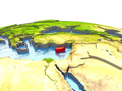Cyprus highlighted in red on globe with surrounding region. 3D illustration with highly detailed realistic planet surface. Elements of this image furnished by NASA.