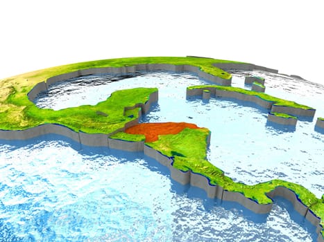 Honduras highlighted in red on globe with surrounding region. 3D illustration with highly detailed realistic planet surface. Elements of this image furnished by NASA.