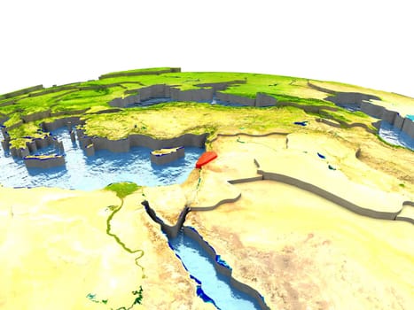 Lebanon highlighted in red on globe with surrounding region. 3D illustration with highly detailed realistic planet surface. Elements of this image furnished by NASA.