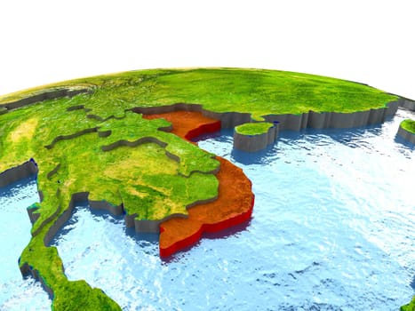 Vietnam highlighted in red on globe with surrounding region. 3D illustration with highly detailed realistic planet surface. Elements of this image furnished by NASA.