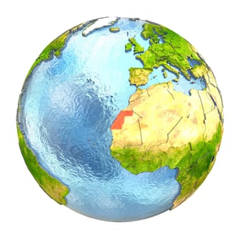 Western Sahara highlighted in red on Earth. 3D illustration with highly detailed realistic planet surface isolated on white background. Elements of this image furnished by NASA.