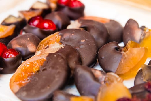 Close-up on variety of belgian chocolate pralines