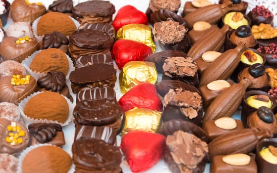 Close-up on variety of belgian chocolate pralines