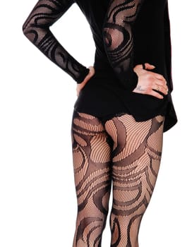 The back and bottom of a young woman in a black bodysuit standing.isolated for white background, body part..