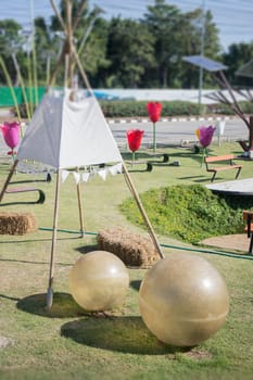 Garden ornament with dome tent and balloon, stock photo