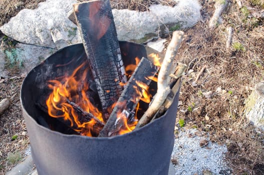 Fire in one old rusty barell standing in the nature