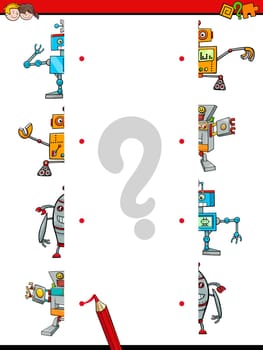 Cartoon Illustration of Educational Activity of Matching Halves with Robot Characters