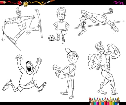 Black and White Coloring Book Cartoon Illustration of Sportsman Characters and Sports Discipline