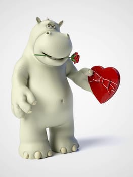 3D rendering of romantic cartoon hippo holding a red, heart shaped chocolate box in his hand and having a rose in his mouth. White background.