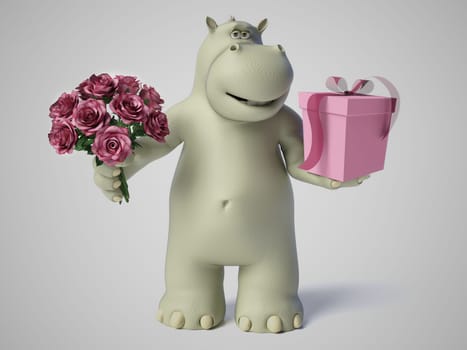 3D rendering of romantic cartoon hippo holding a bouquet of pink roses in one hand and a gift in the other. White background.