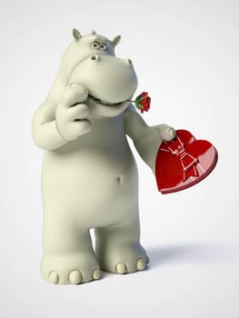 3D rendering of romantic cartoon hippo holding a red, heart shaped chocolate box in his hand and having a rose in his mouth. White background.