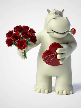 3D rendering of romantic cartoon hippo holding a red, heart shaped chocolate box in one hand and a bouquet of roses in the other hand and a rose in his mouth. White background.