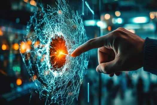 A captivating visual representation of a hand reaching towards a glowing energy sphere on a digital canvas, symbolizing interaction and innovation in technology.