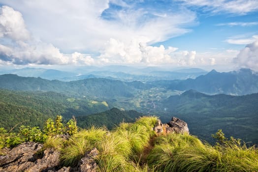 Beautiful landscape high mountain of the Phi Pan Nam Range from view point on Phu Chi Fa Forest Park in Chiang Rai Province Thailand