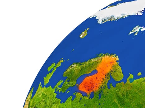 Finland highlighted in red as seen from Earth's orbit in space. 3D illustration with highly detailed realistic planet surface. Elements of this image furnished by NASA.