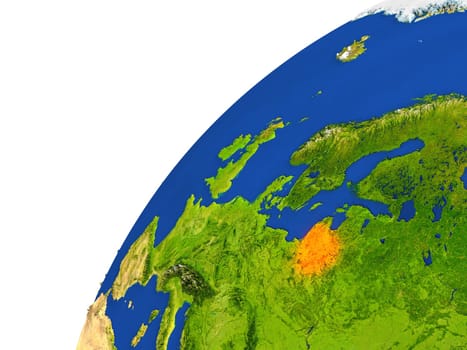 Lithuania highlighted in red as seen from Earth's orbit in space. 3D illustration with highly detailed realistic planet surface. Elements of this image furnished by NASA.