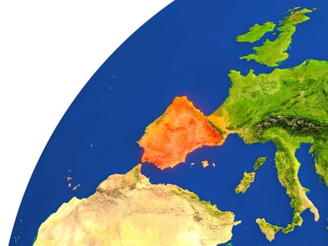 Spain highlighted in red as seen from Earth's orbit in space. 3D illustration with highly detailed realistic planet surface. Elements of this image furnished by NASA.