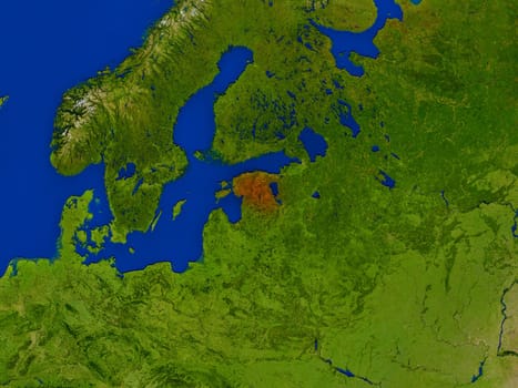 Top-down view of Estonia hightlighted in red as seen from Earth's orbit in space. 3D illustration with highly detailed realistic planet surface. Elements of this image furnished by NASA.