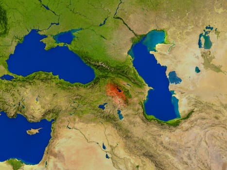 Top-down view of Armenia hightlighted in red as seen from Earth's orbit in space. 3D illustration with highly detailed realistic planet surface. Elements of this image furnished by NASA.