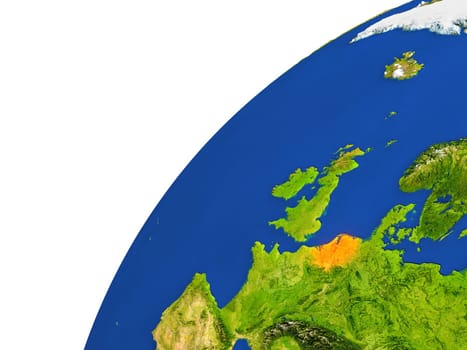 Netherlands highlighted in red as seen from Earth's orbit in space. 3D illustration with highly detailed realistic planet surface. Elements of this image furnished by NASA.