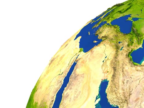 Kuwait highlighted in red as seen from Earth's orbit in space. 3D illustration with highly detailed realistic planet surface. Elements of this image furnished by NASA.